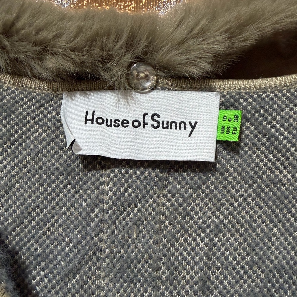House of Sunny Beige and Gray Argyle Romper with Faux Fur Trim - Picture 3 of 4